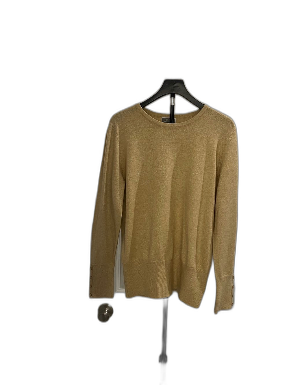 J M Collection Gold Metallic Knit Sweater Size M Button Cuff Long Sleeve